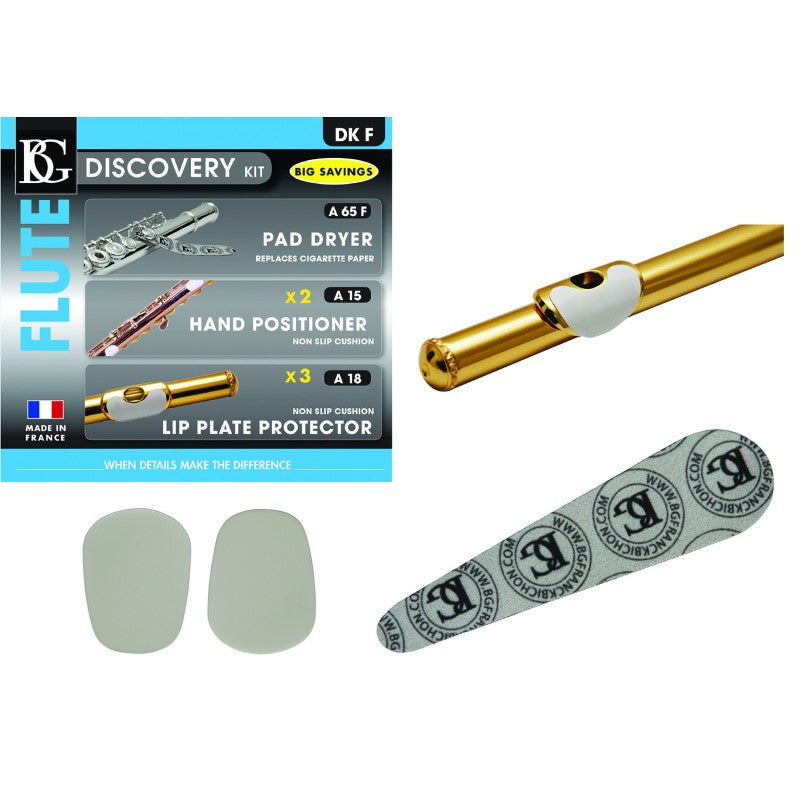 BG France DKF flute accessory kit: microfiber cloth A65F, hand positioner A15 and lip plate protector A18