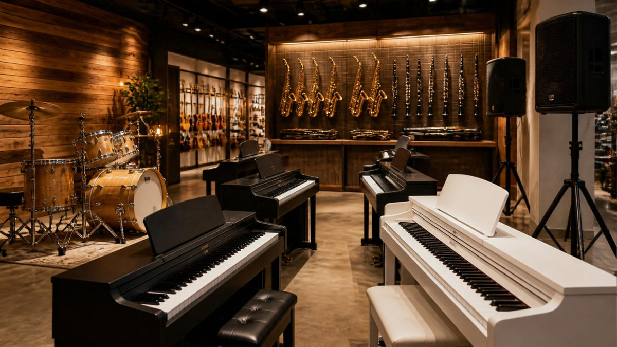 A music store showroom with digital pianos, a drum kit, saxophones, clarinets and PA speakers